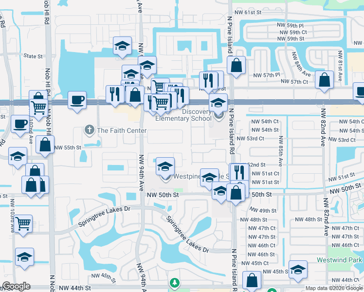 map of restaurants, bars, coffee shops, grocery stores, and more near 9201 Northwest 53rd Court in Sunrise