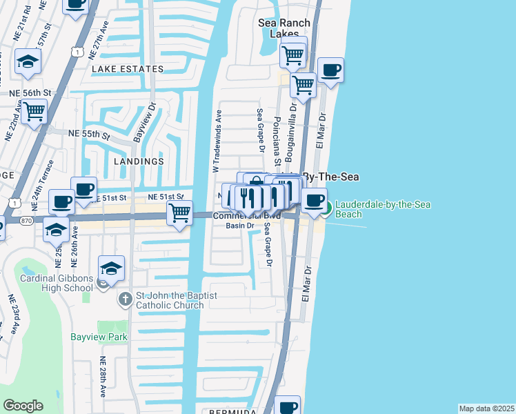 map of restaurants, bars, coffee shops, grocery stores, and more near 230 Commercial Boulevard in Lauderdale-by-the-Sea