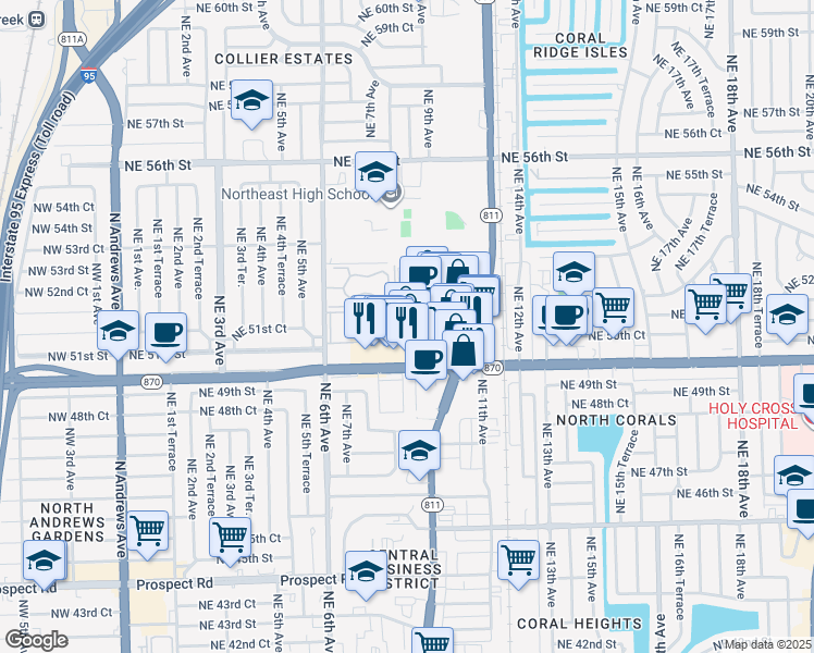 map of restaurants, bars, coffee shops, grocery stores, and more near 959 East Commercial Boulevard in Oakland Park