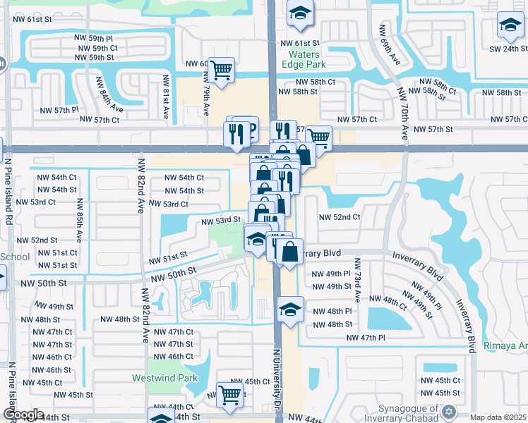 map of restaurants, bars, coffee shops, grocery stores, and more near 5141 North University Drive in Lauderhill