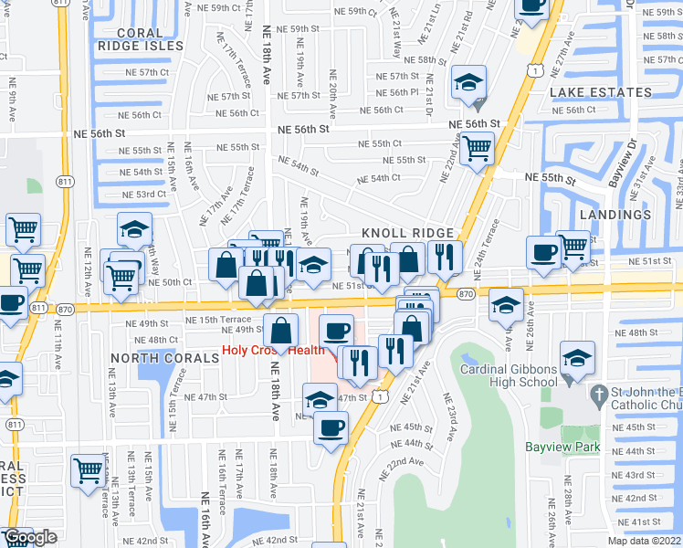 map of restaurants, bars, coffee shops, grocery stores, and more near 1941 Northeast 51st Street in Fort Lauderdale