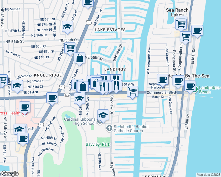map of restaurants, bars, coffee shops, grocery stores, and more near in Fort Lauderdale