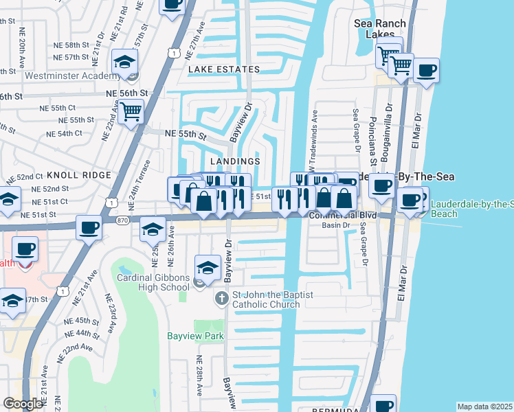 map of restaurants, bars, coffee shops, grocery stores, and more near in Oakland Park