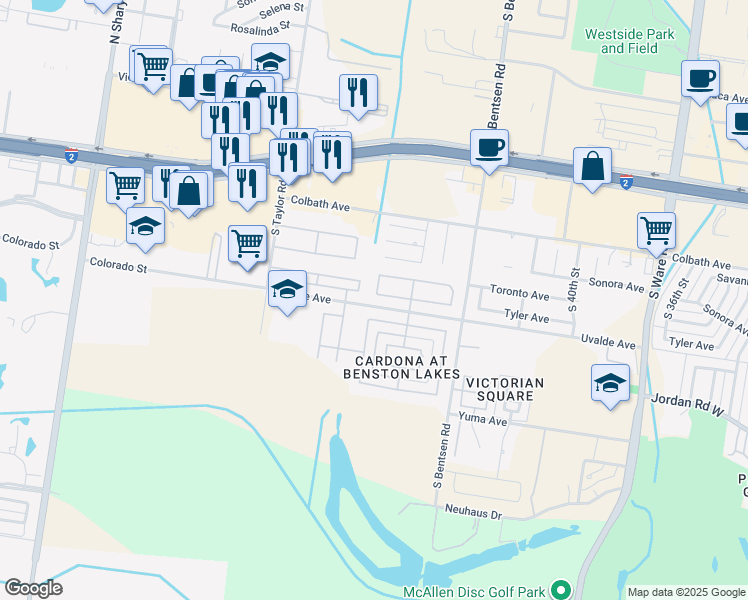 map of restaurants, bars, coffee shops, grocery stores, and more near 2200 South 48th Street in McAllen