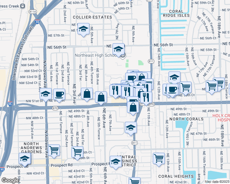 map of restaurants, bars, coffee shops, grocery stores, and more near 5186 Northeast 6th Avenue in Oakland Park