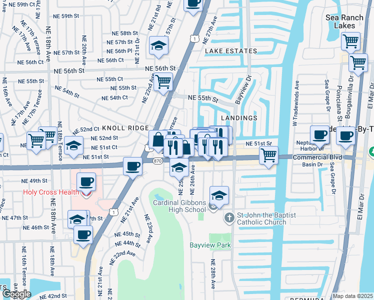 map of restaurants, bars, coffee shops, grocery stores, and more near 2521 Florida 870 in Fort Lauderdale