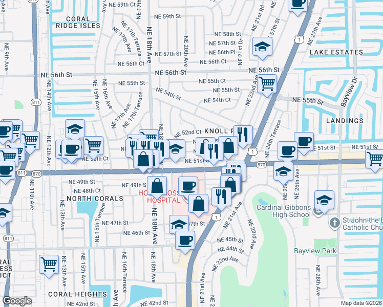 map of restaurants, bars, coffee shops, grocery stores, and more near 1941 Northeast 51st Street in Fort Lauderdale