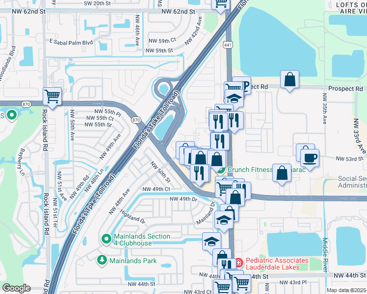 map of restaurants, bars, coffee shops, grocery stores, and more near 4545 Treehouse Lane in Tamarac