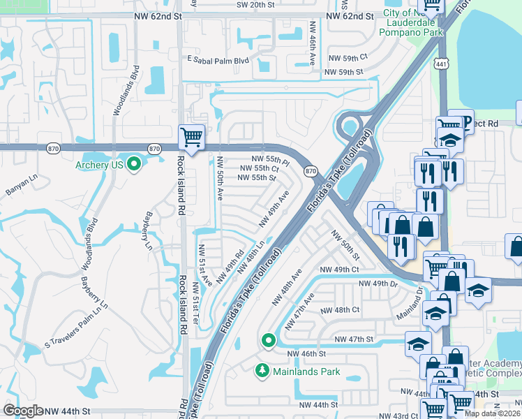 map of restaurants, bars, coffee shops, grocery stores, and more near 4908 Northwest 53rd Street in Tamarac