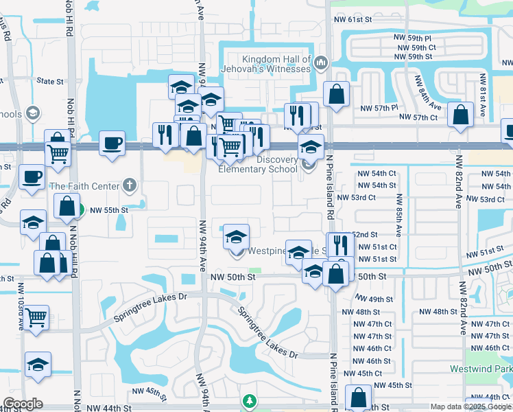 map of restaurants, bars, coffee shops, grocery stores, and more near 9201 Northwest 53rd Court in Sunrise