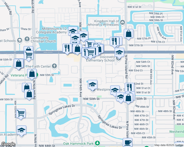 map of restaurants, bars, coffee shops, grocery stores, and more near 9337 Northwest 53rd Court in Sunrise