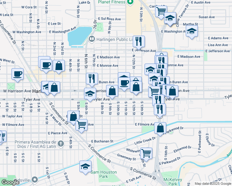 map of restaurants, bars, coffee shops, grocery stores, and more near 921 East Tyler Avenue in Harlingen