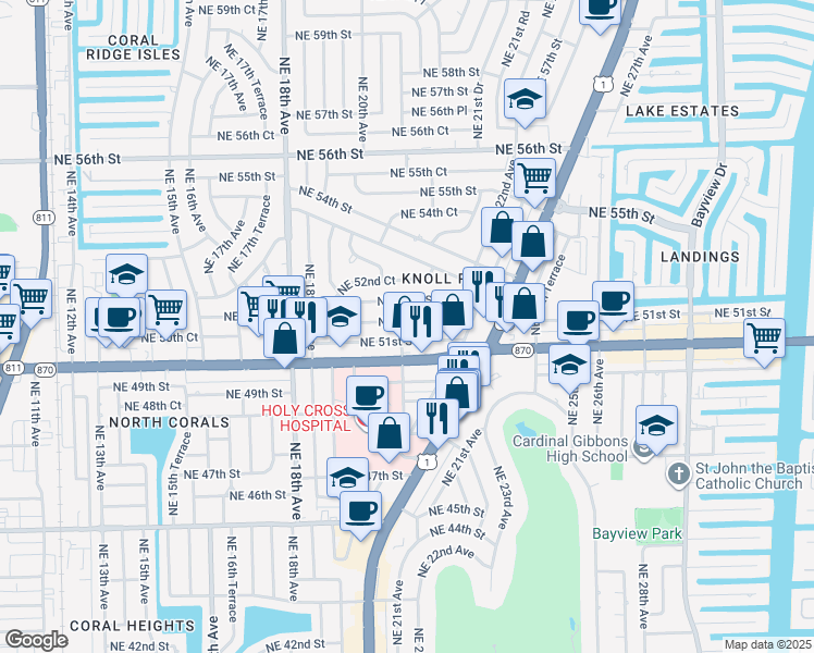 map of restaurants, bars, coffee shops, grocery stores, and more near 16 Northeast 51st Street in Fort Lauderdale