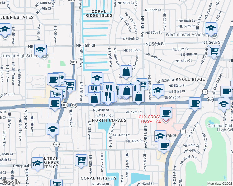 map of restaurants, bars, coffee shops, grocery stores, and more near 1439 Northeast 50th Court in Fort Lauderdale