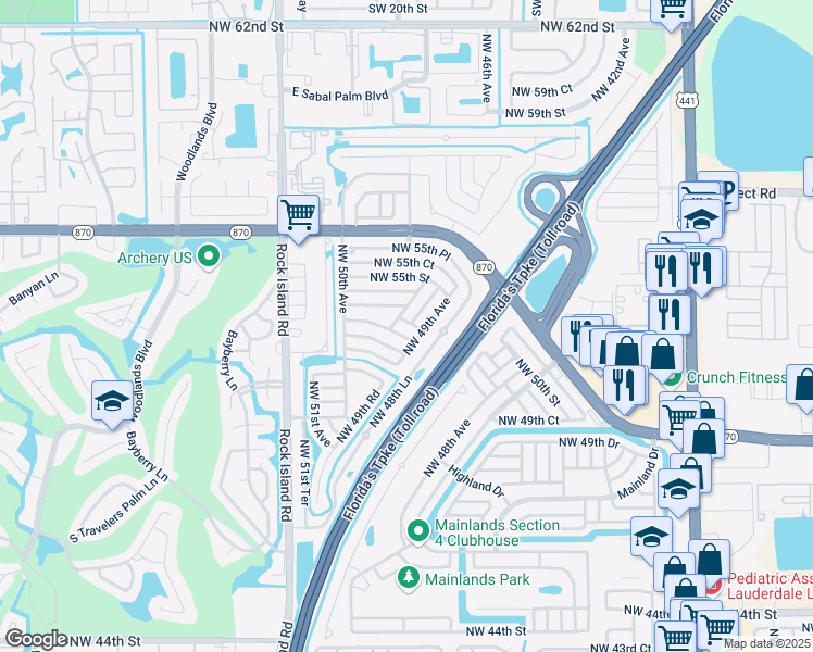 map of restaurants, bars, coffee shops, grocery stores, and more near 4908 Northwest 53rd Street in Tamarac