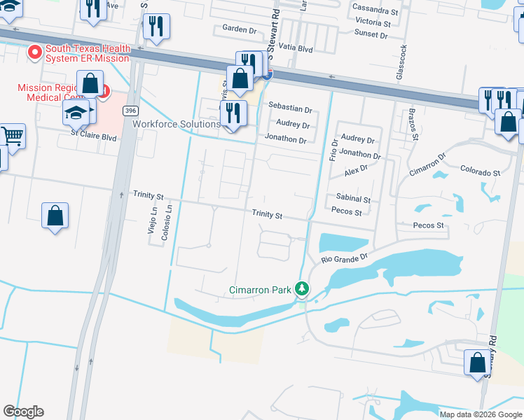 map of restaurants, bars, coffee shops, grocery stores, and more near 1608 Trinity Street in Mission