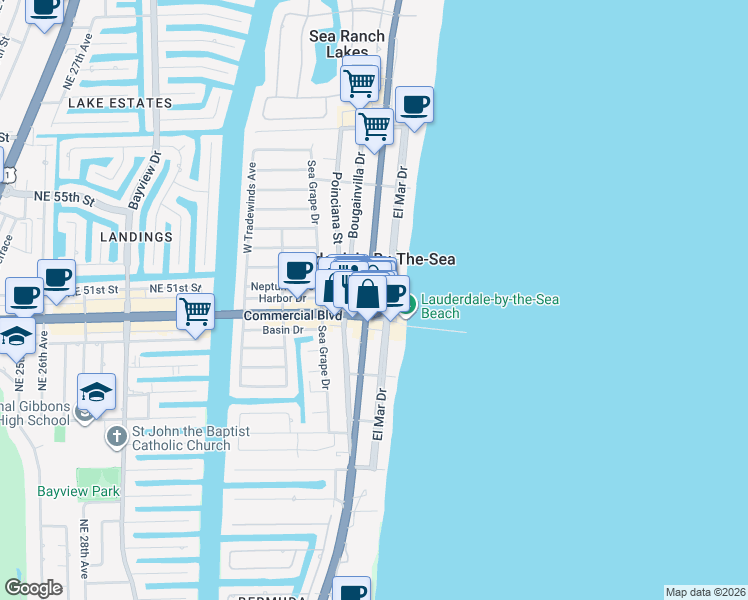 map of restaurants, bars, coffee shops, grocery stores, and more near 213 B Commercial Boulevard in Lauderdale-by-the-Sea