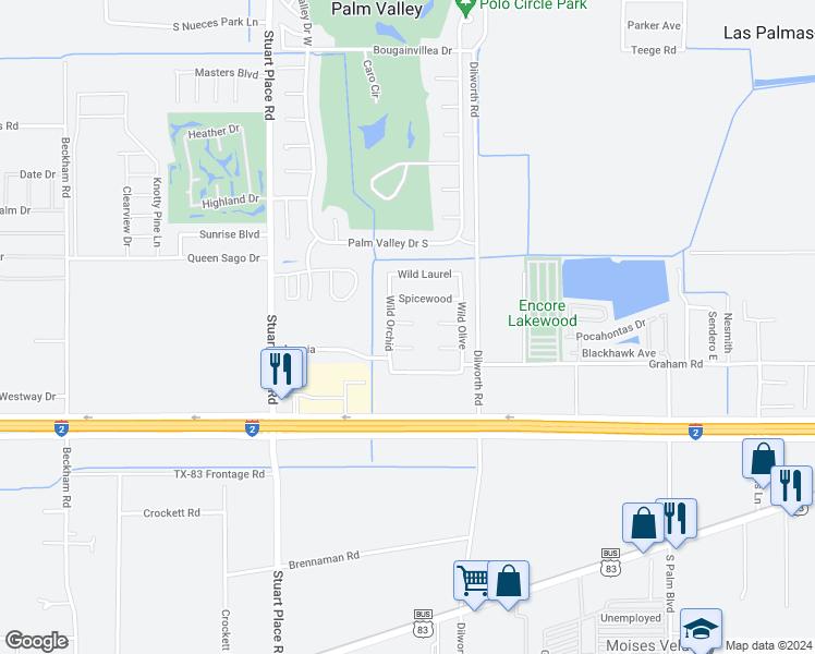 map of restaurants, bars, coffee shops, grocery stores, and more near 5709 Esperanza Court in Harlingen