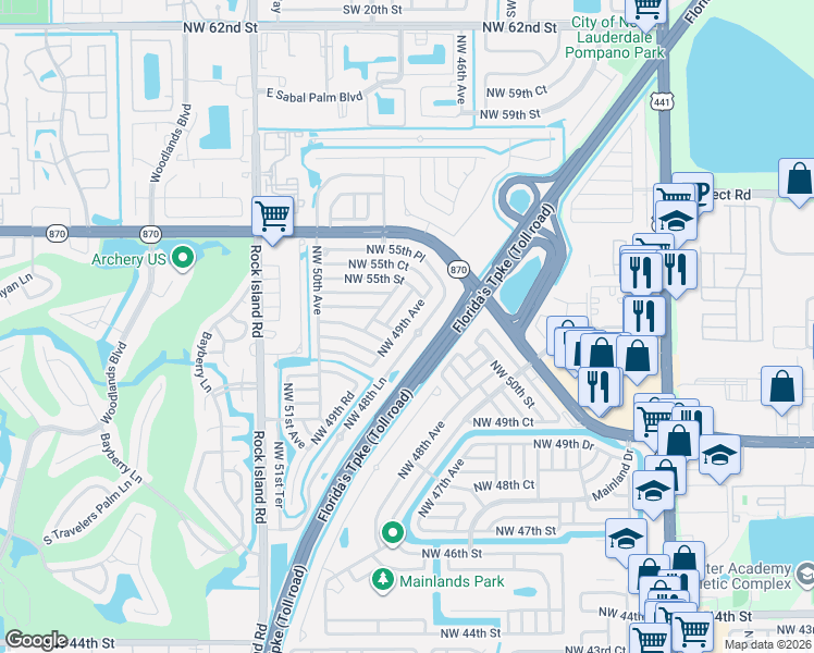 map of restaurants, bars, coffee shops, grocery stores, and more near 5318 Northwest 48 Lane in Lauderhill