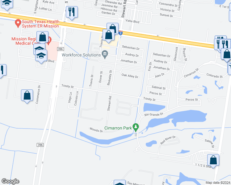 map of restaurants, bars, coffee shops, grocery stores, and more near 1603 Trinity Street in Mission