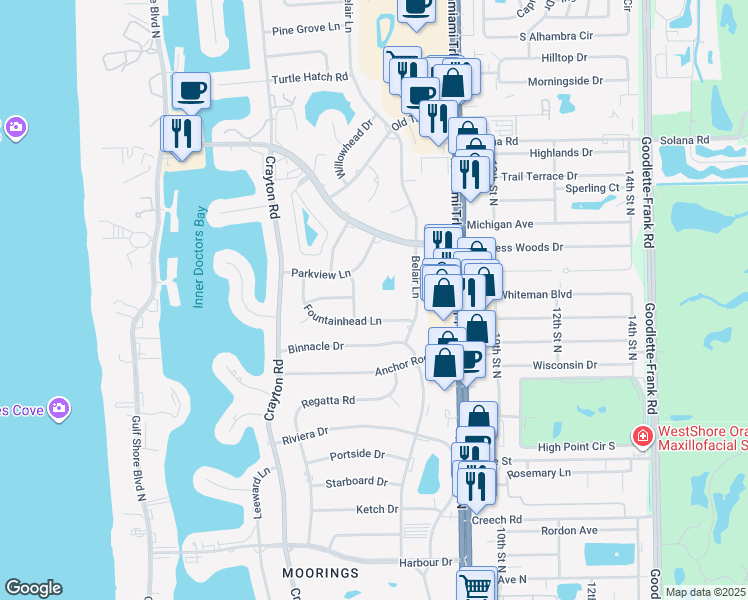 map of restaurants, bars, coffee shops, grocery stores, and more near 707 Fountainhead Lane in Naples