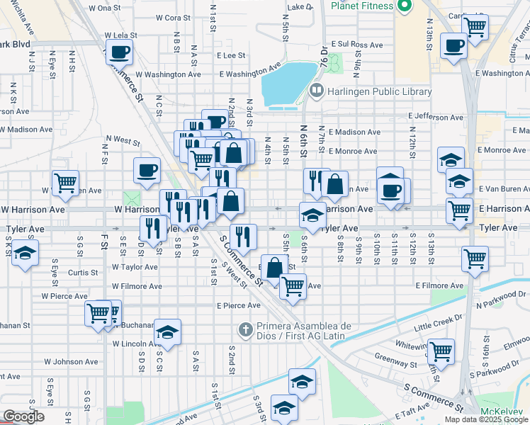 map of restaurants, bars, coffee shops, grocery stores, and more near 322 East Harrison Avenue in Harlingen