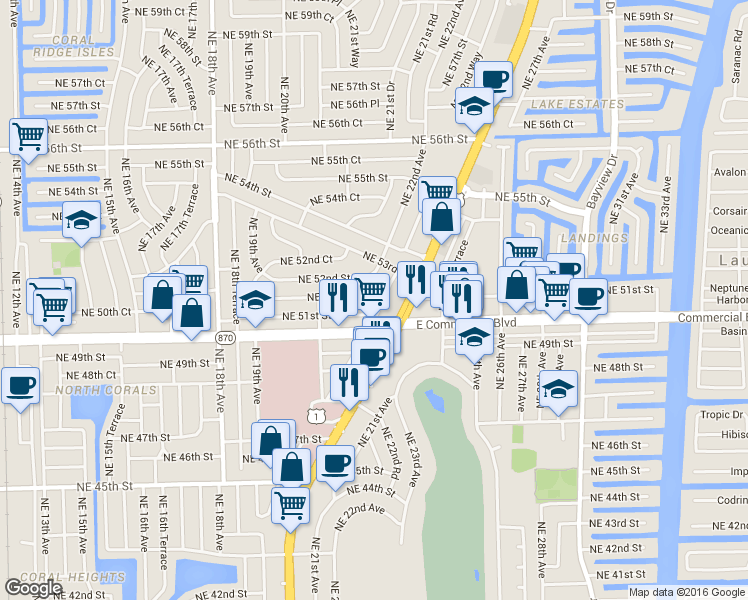 map of restaurants, bars, coffee shops, grocery stores, and more near c30 Northeast 51st Street in Fort Lauderdale