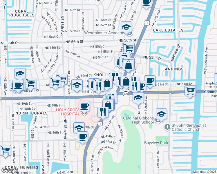 map of restaurants, bars, coffee shops, grocery stores, and more near c30 Northeast 51st Street in Fort Lauderdale