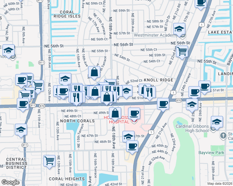 map of restaurants, bars, coffee shops, grocery stores, and more near 5110 Northeast 18th Avenue in Fort Lauderdale
