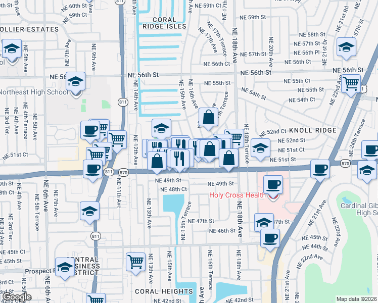 map of restaurants, bars, coffee shops, grocery stores, and more near 1439 Northeast 50th Court in Fort Lauderdale