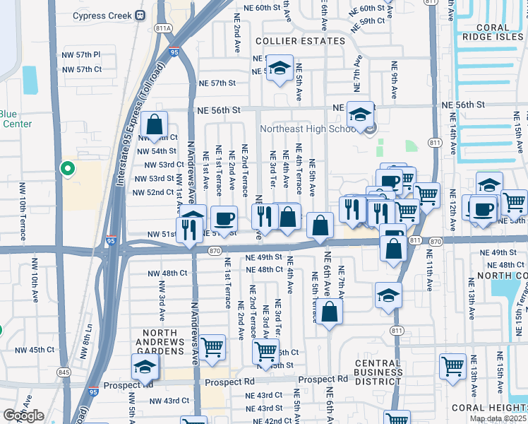 map of restaurants, bars, coffee shops, grocery stores, and more near 5141 Northeast 3rd Avenue in Fort Lauderdale
