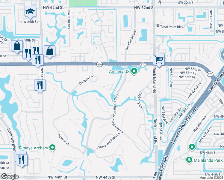 map of restaurants, bars, coffee shops, grocery stores, and more near 5702 White Hickory Circle in Tamarac