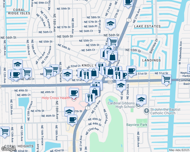 map of restaurants, bars, coffee shops, grocery stores, and more near c30 Northeast 51st Street in Fort Lauderdale