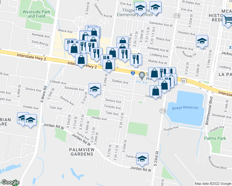 map of restaurants, bars, coffee shops, grocery stores, and more near 2708 Savannah Avenue in McAllen