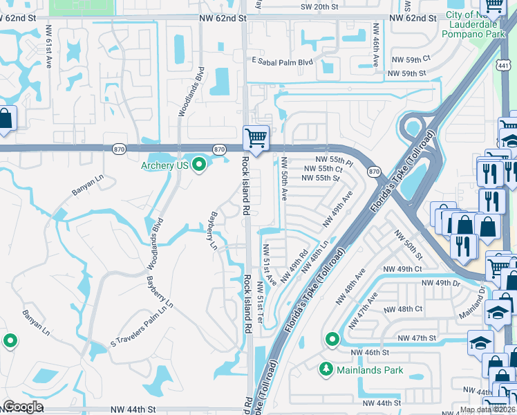 map of restaurants, bars, coffee shops, grocery stores, and more near 5205 Northwest 50th Terrace in Tamarac