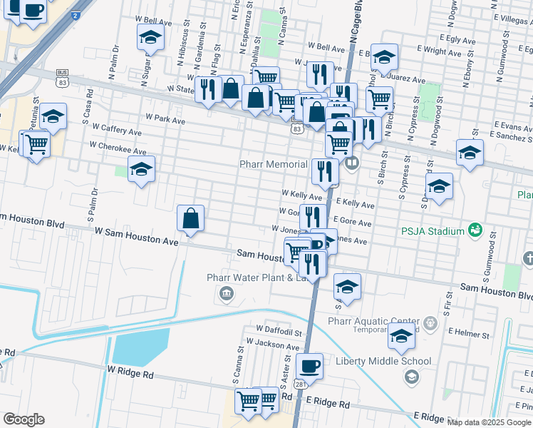 map of restaurants, bars, coffee shops, grocery stores, and more near 317 West Gore Avenue in Pharr