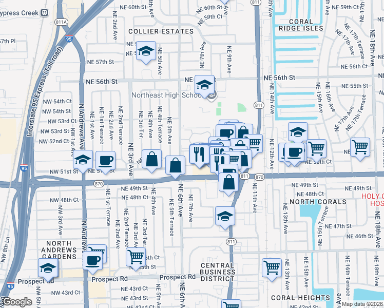 map of restaurants, bars, coffee shops, grocery stores, and more near 5186 Northeast 6th Avenue in Oakland Park