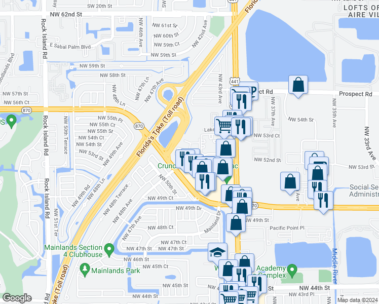 map of restaurants, bars, coffee shops, grocery stores, and more near 4545 Treehouse Lane in Tamarac