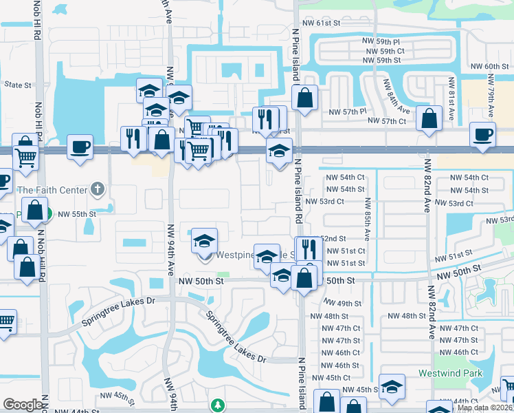map of restaurants, bars, coffee shops, grocery stores, and more near 8985 Northwest 53rd Court in Sunrise