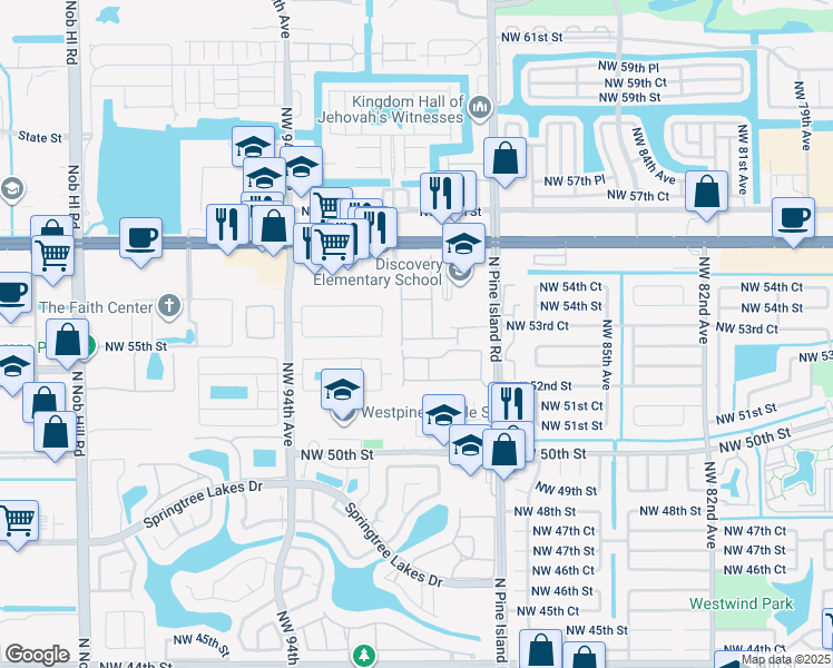 map of restaurants, bars, coffee shops, grocery stores, and more near 8985 Northwest 53rd Court in Sunrise