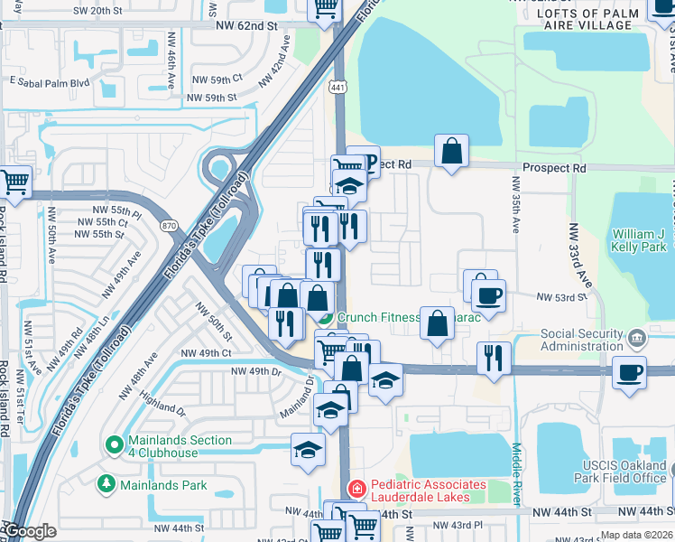 map of restaurants, bars, coffee shops, grocery stores, and more near 5313 Florida 7 in Tamarac