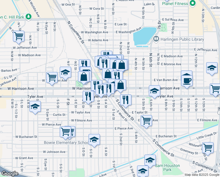 map of restaurants, bars, coffee shops, grocery stores, and more near in Harlingen