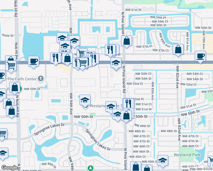 map of restaurants, bars, coffee shops, grocery stores, and more near 8985 Northwest 53rd Court in Sunrise