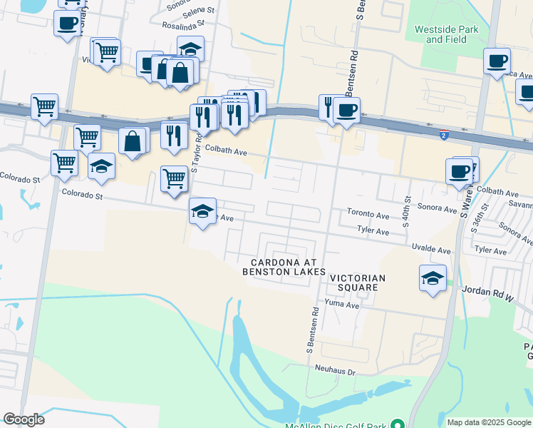 map of restaurants, bars, coffee shops, grocery stores, and more near 2200 South 48th Street in McAllen