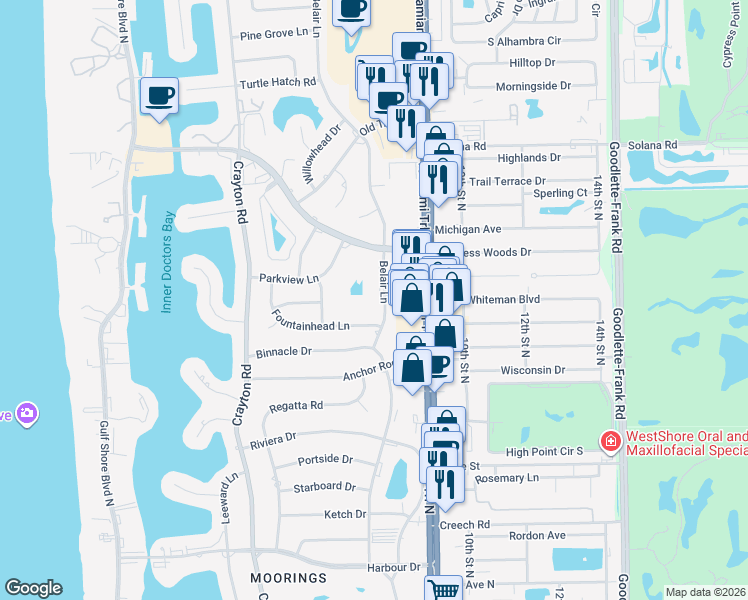 map of restaurants, bars, coffee shops, grocery stores, and more near 777 Fountainhead Lane in Naples