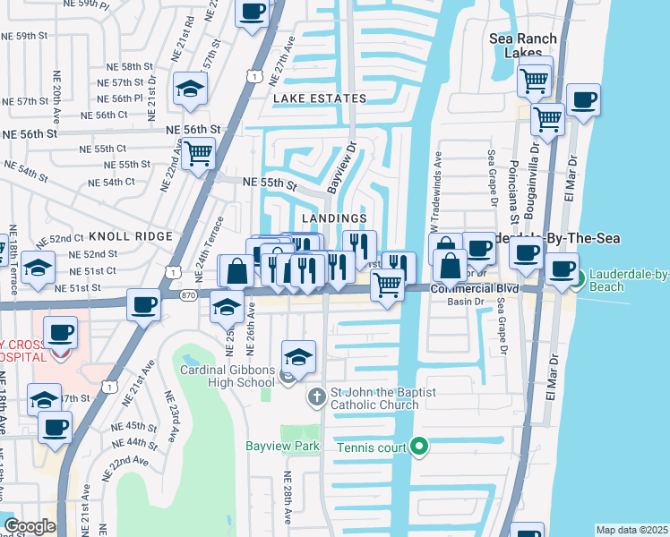 map of restaurants, bars, coffee shops, grocery stores, and more near 3025 East Commercial Boulevard in Fort Lauderdale