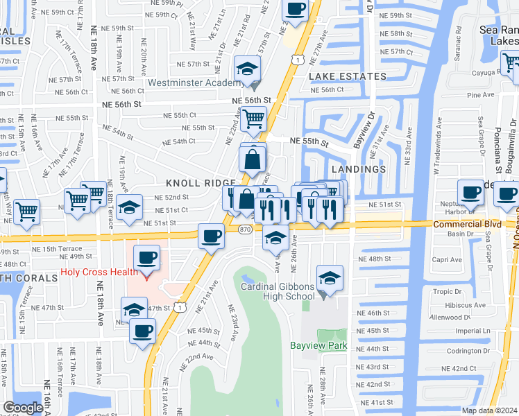 map of restaurants, bars, coffee shops, grocery stores, and more near 2477 East Commercial Boulevard in Fort Lauderdale