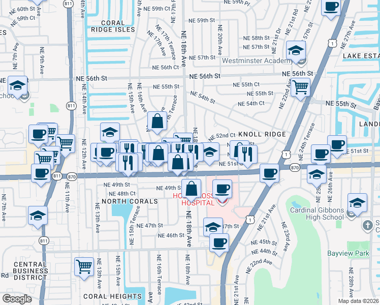 map of restaurants, bars, coffee shops, grocery stores, and more near 5110 Northeast 18th Avenue in Fort Lauderdale