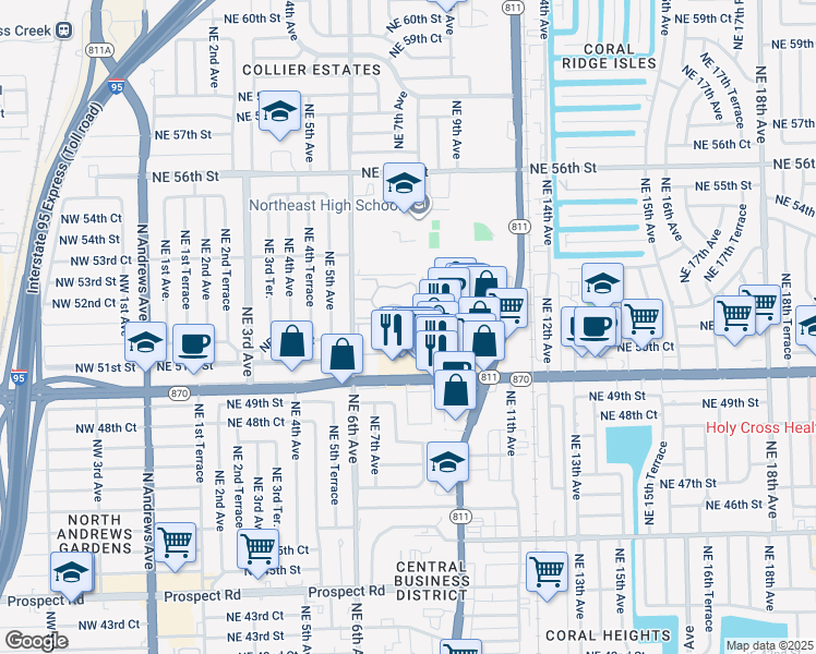 map of restaurants, bars, coffee shops, grocery stores, and more near 5186 Northeast 6th Avenue in Oakland Park