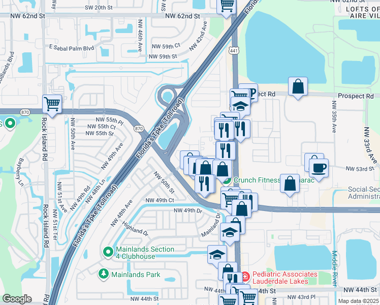 map of restaurants, bars, coffee shops, grocery stores, and more near 4545 Treehouse Lane in Tamarac